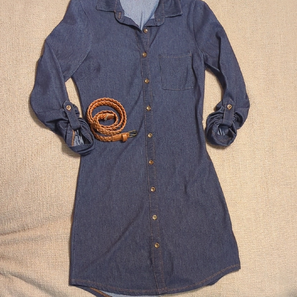 Ultra Flirt Blue Denim Long Sleeve Dress with Brown Belt